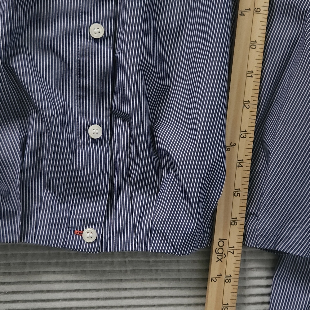 GAP Womens Large Cropped Pinstripe Shirt Navy Blue Office Siren Quiet Luxury 100 - Picture 8 of 9